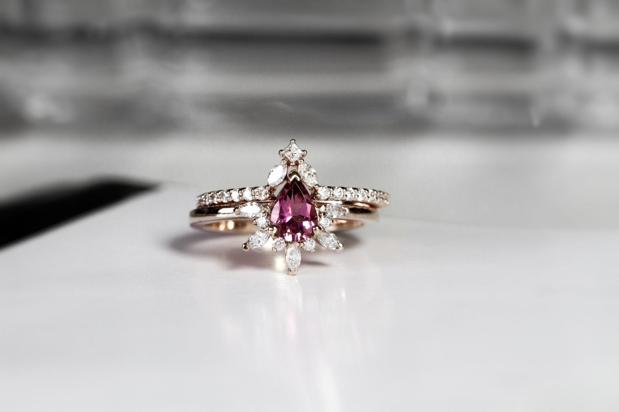 Rings-Feminine, nostalgic nod to the beauty, timelessness and grace of what it means to be woman. Center stone is a stunning vibrant Pink Tourmaline completed with a divine diamond halo. Destined to be your forever obsession. Product Details - Features a 0.70ct Pink Tourmaline- Half halo features marquise and round F/SI1 natural diamonds (approximately 0.20ct)- Shop the Natasha Diamond Crown to complete the set- The ring is 1.85mm wide and 1.6mm thick-ELIISE MAAR JEWELLERY