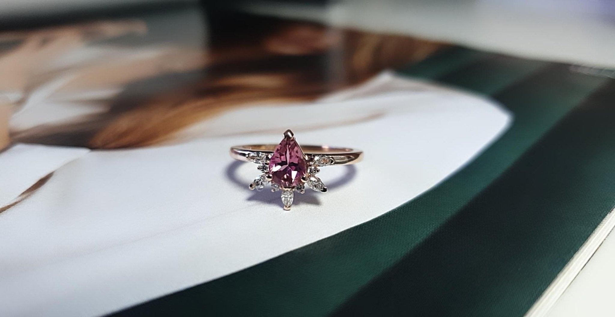 Rings-Feminine, nostalgic nod to the beauty, timelessness and grace of what it means to be woman. Center stone is a stunning vibrant Pink Tourmaline completed with a divine diamond halo. Destined to be your forever obsession. Product Details - Features a 0.70ct Pink Tourmaline- Half halo features marquise and round F/SI1 natural diamonds (approximately 0.20ct)- Shop the Natasha Diamond Crown to complete the set- The ring is 1.85mm wide and 1.6mm thick-ELIISE MAAR JEWELLERY