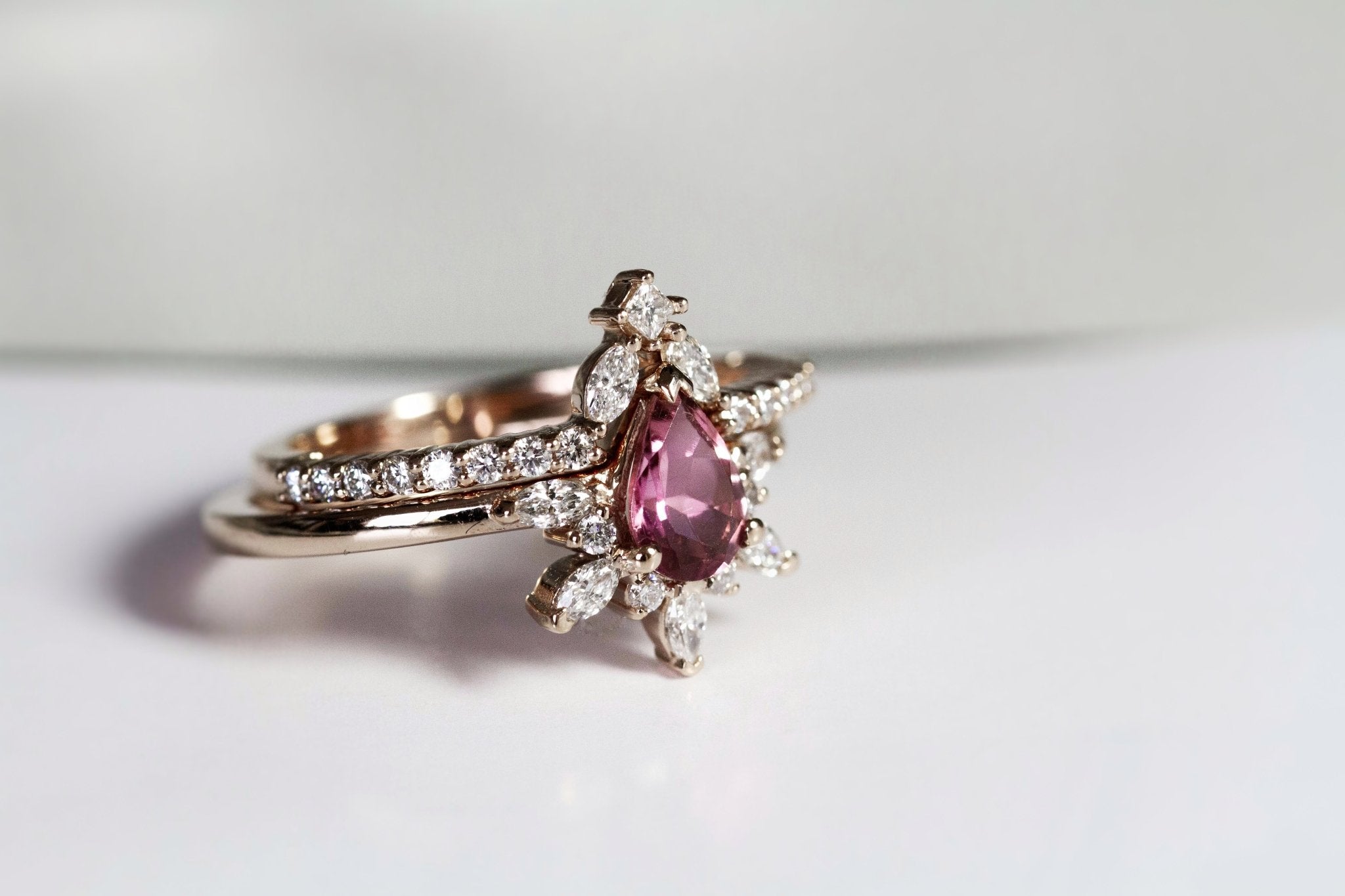 Rings-Feminine, nostalgic nod to the beauty, timelessness and grace of what it means to be woman. Center stone is a stunning vibrant Pink Tourmaline completed with a divine diamond halo. Destined to be your forever obsession. Product Details - Features a 0.70ct Pink Tourmaline- Half halo features marquise and round F/SI1 natural diamonds (approximately 0.20ct)- Shop the Natasha Diamond Crown to complete the set- The ring is 1.85mm wide and 1.6mm thick-ELIISE MAAR JEWELLERY