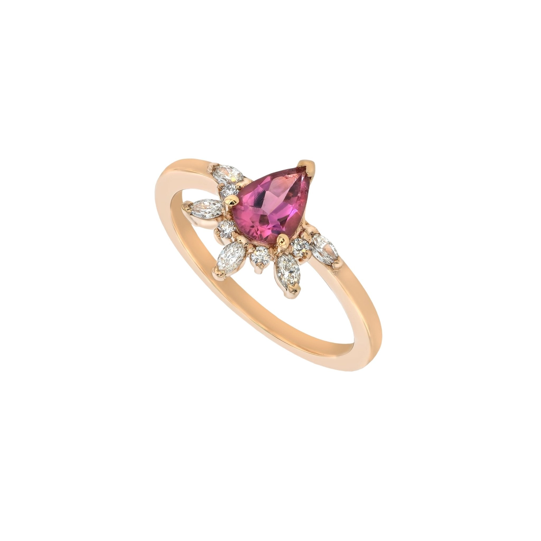 Rings-Feminine, nostalgic nod to the beauty, timelessness and grace of what it means to be woman. Center stone is a stunning vibrant Pink Tourmaline completed with a divine diamond halo. Destined to be your forever obsession. Product Details - Features a 0.70ct Pink Tourmaline- Half halo features marquise and round F/SI1 natural diamonds (approximately 0.20ct)- Shop the Natasha Diamond Crown to complete the set- The ring is 1.85mm wide and 1.6mm thick-ELIISE MAAR JEWELLERY