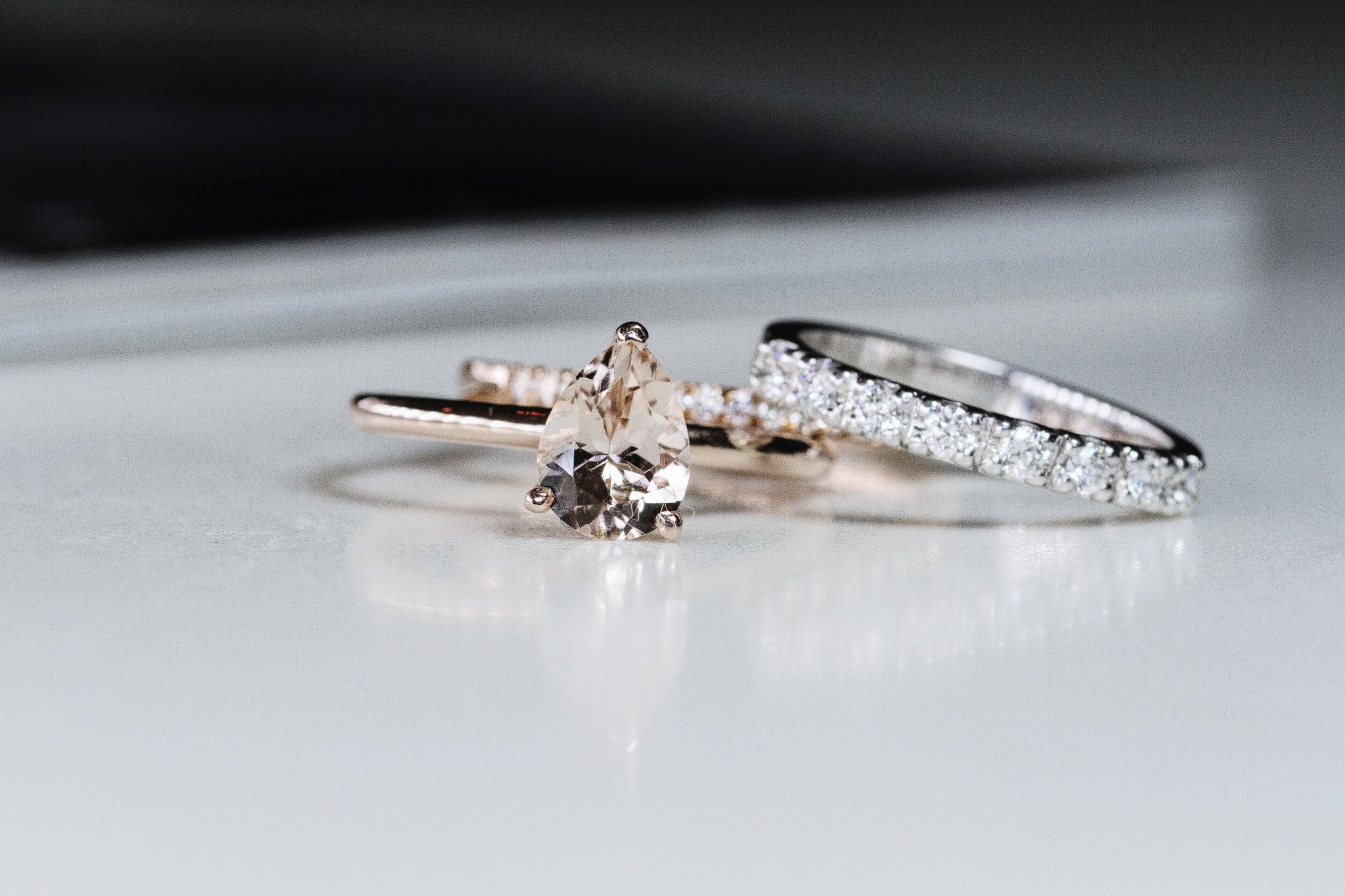 Rings-Feminine, nostalgic nod to the beauty, timelessness and grace of what it means to be woman. Made complete with the pink translucence of natural Morganite stone. Destined to be your forever obsession. An absolute treat for the minimalism lovers. Product Details - Featuring an 8x6mm pear-cut natural Morganite- Ring is 1.80mm wide and 1.80mm thick-ELIISE MAAR JEWELLERY