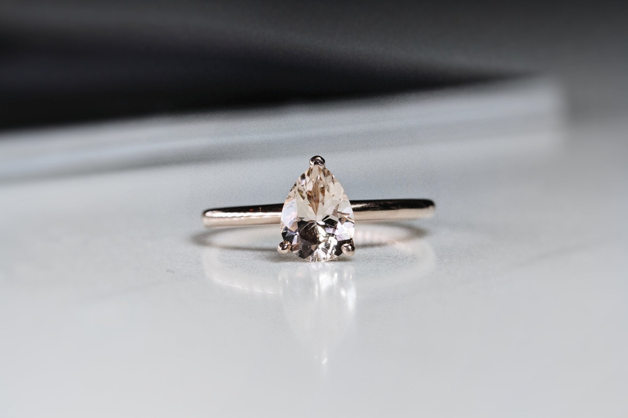 Rings-Feminine, nostalgic nod to the beauty, timelessness and grace of what it means to be woman. Made complete with the pink translucence of natural Morganite stone. Destined to be your forever obsession. An absolute treat for the minimalism lovers. Product Details - Featuring an 8x6mm pear-cut natural Morganite- Ring is 1.80mm wide and 1.80mm thick-ELIISE MAAR JEWELLERY